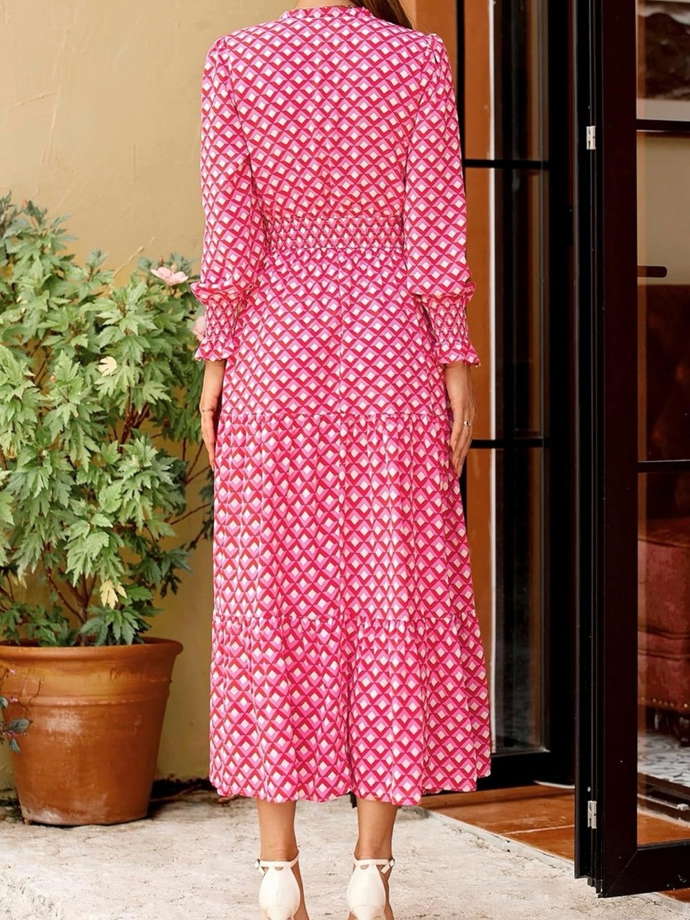 #62 Pretty Garden Pink Geometric V-Neck Long Sleeve Maxi Dress - Picture 3 of 8